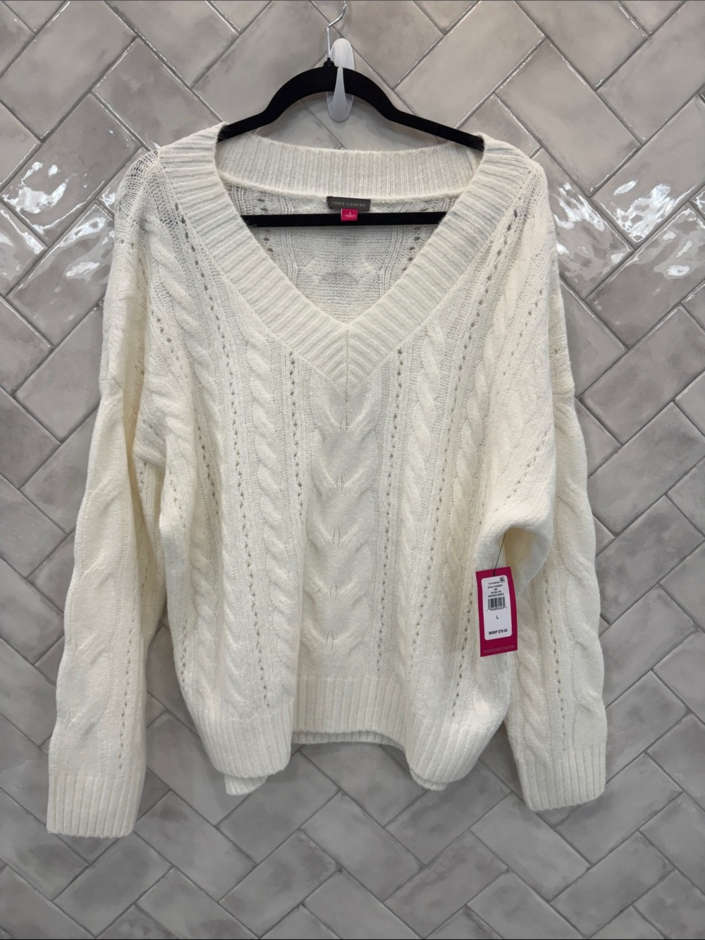 Vince Camuto Cream Cable-Knit V-Neck Sweater